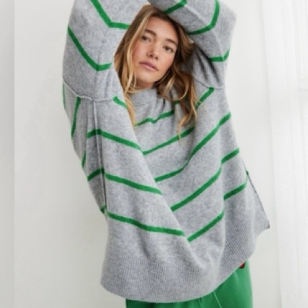 aerie Gray Sweater with Green Stripes